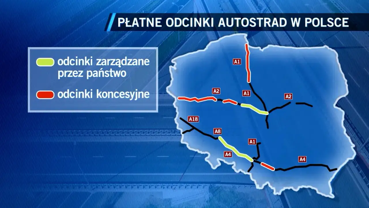 Mapa autostrady A4 z zaznaczonymi odcinkami płatnymi i bezpłatnymi