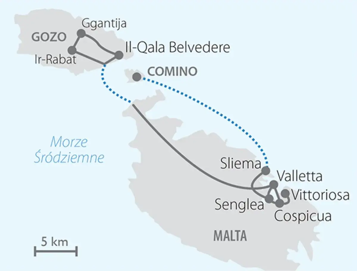 Mapa archipelagu Malta, pokazująca wyspy Gozo, Comino i Maltę z zaznaczonymi miastami. Malta wyspa do kogo należy? Do Unii Europejskiej.