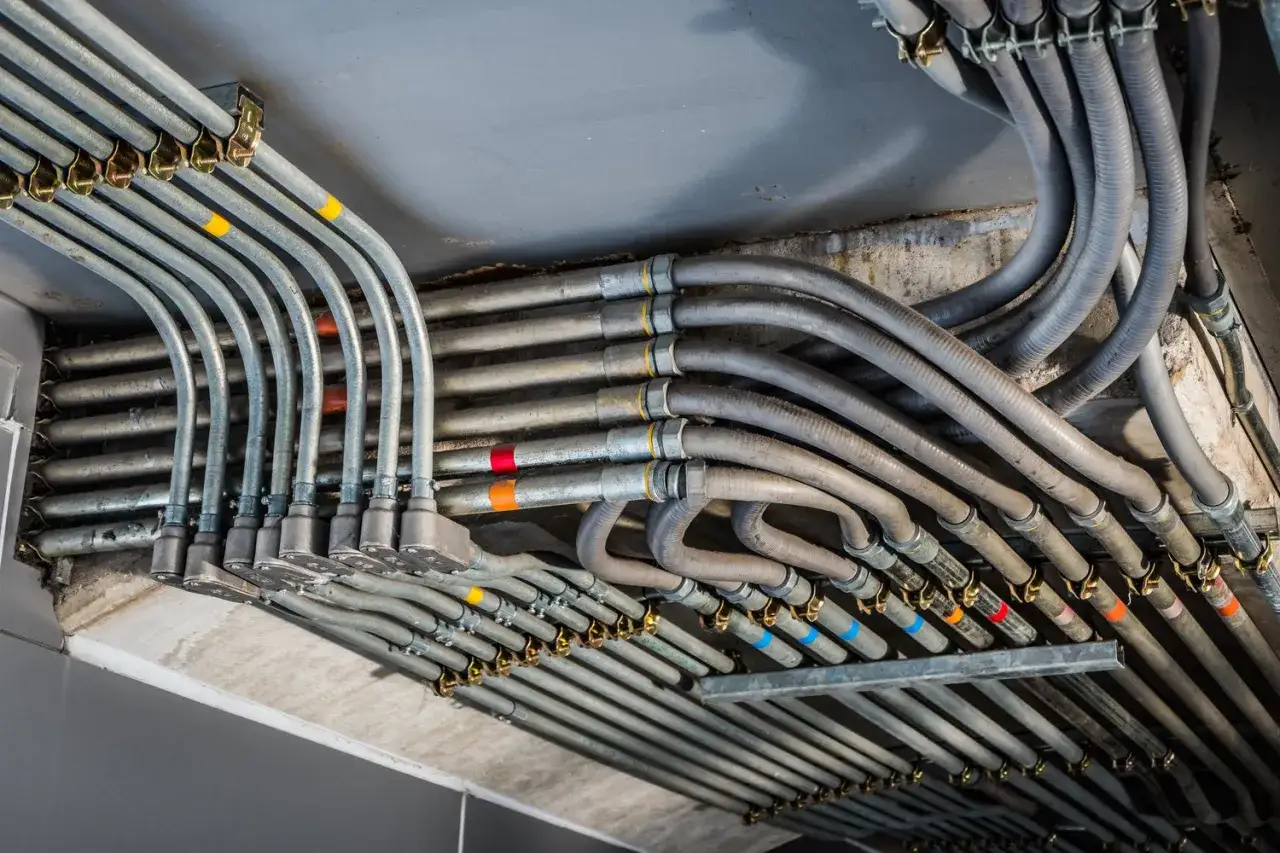 Plątanina metalowych i plastikowych peszli, ułożonych równolegle i zakrzywionych, tworzy skomplikowaną sieć instalacji elektrycznej pod sufitem.