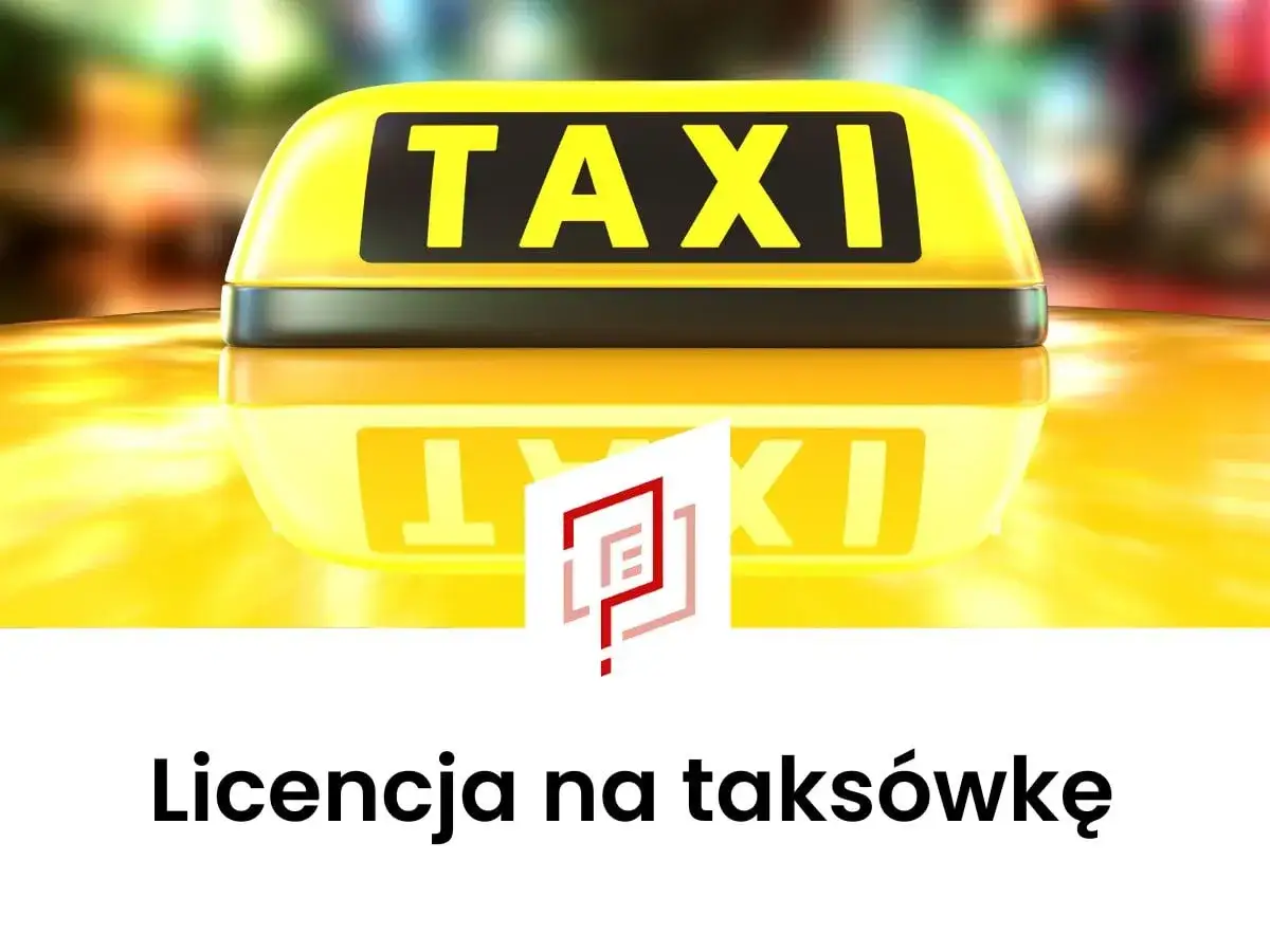 Żółty dach taksówki z napisem TAXI. Poniżej tekst