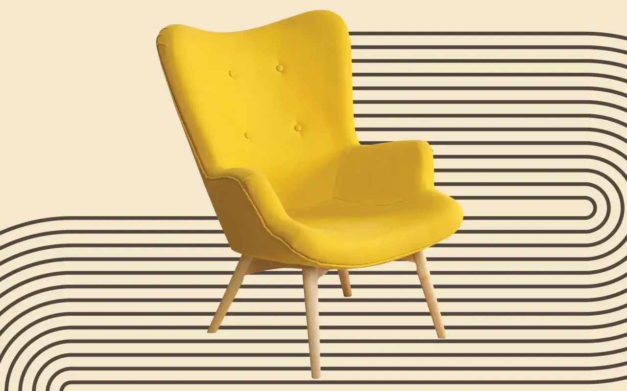 A bright yellow armchair with button tufting and wooden legs, a perfect example of Bauhaus design, sits against a backdrop of curved black lines.