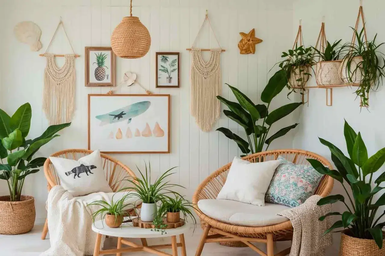 Decorar casa playa poco presupuesto: dos sillones de rat&aacute;n, plantas, macram&eacute; y cuadros marinos crean un ambiente relajado y bohemio.