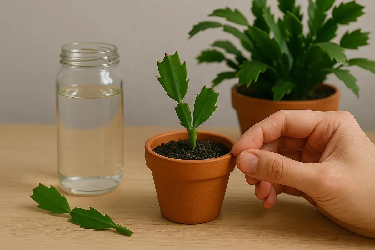 Ein kleiner Weihnachtskaktus im Topf, bereit zum Einpflanzen. Daneben ein Blatt und ein Glas Wasser – so kann man den Weihnachtskaktus vermehren.