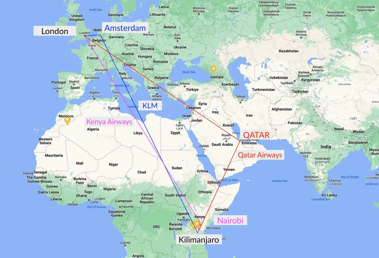 Jak dolecieć na Zanzibar? Trasa z Londynu przez Amsterdam (KLM), Nairobi (Kenya Airways) lub Doha (Qatar Airways) do Kilimanjaro.