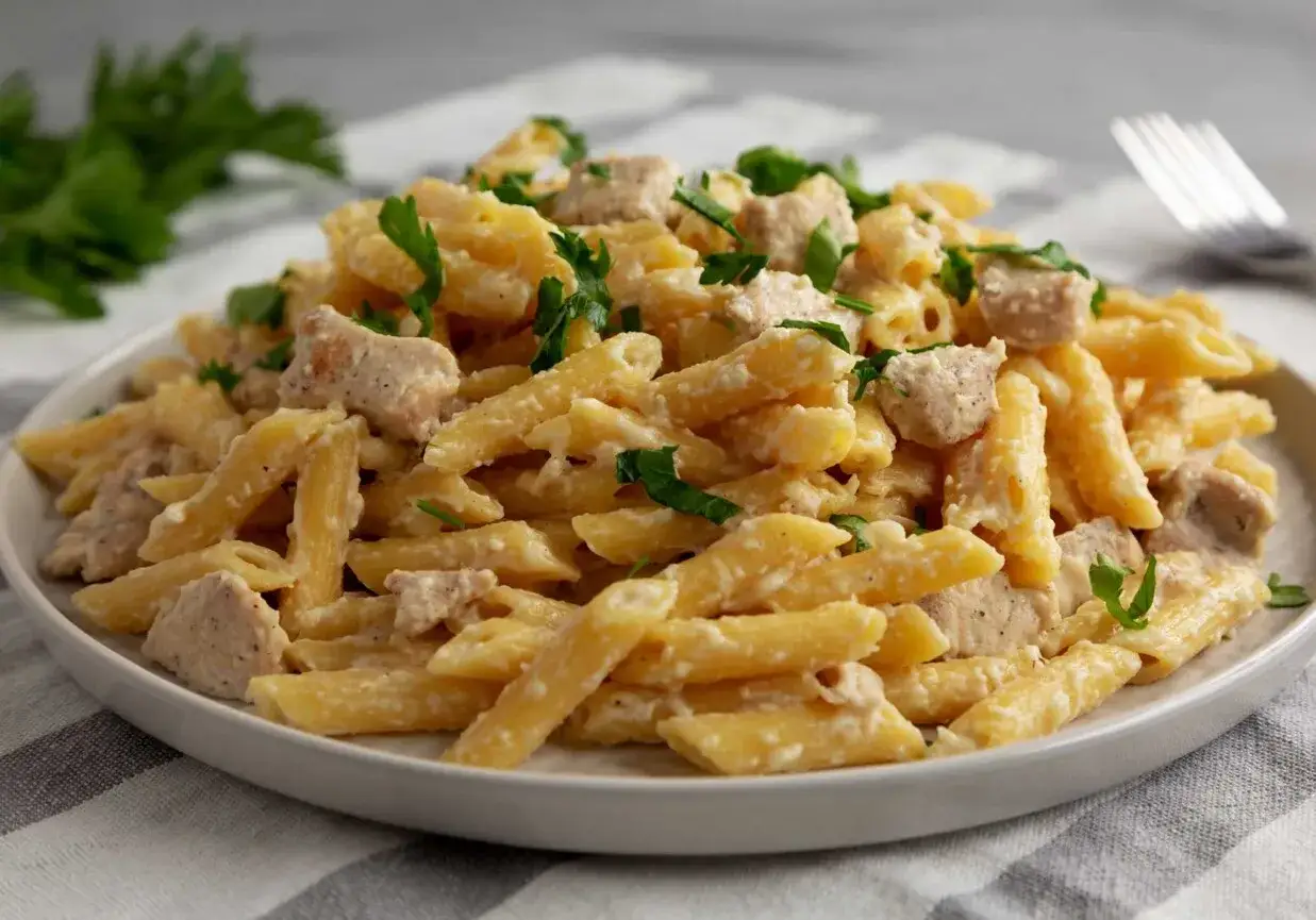Penne z kurczakiem w kremowym sosie, posypane świeżą natką pietruszki. Pyszne danie, które z pewnością zaspokoi głód.