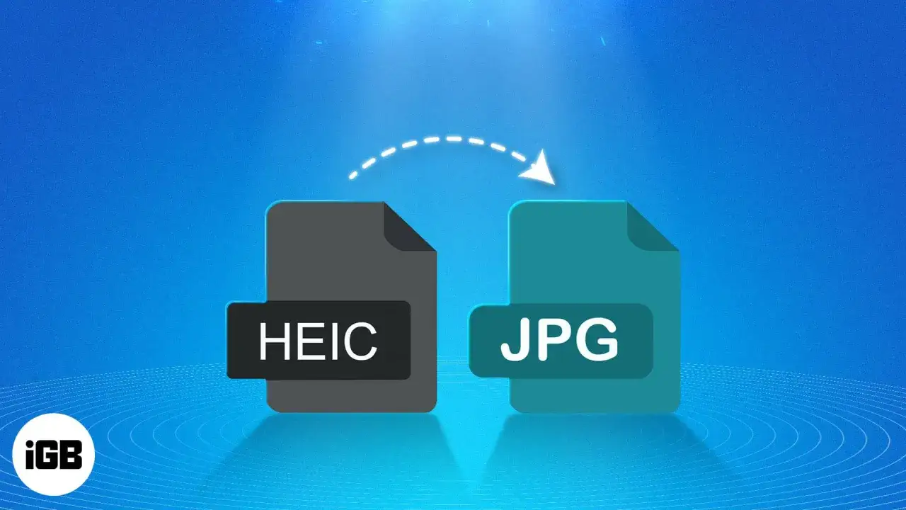 Proces konwersji HEIC na JPG. Dwa ikony plików, jedna z napisem HEIC, druga JPG, połączone strzałką.
