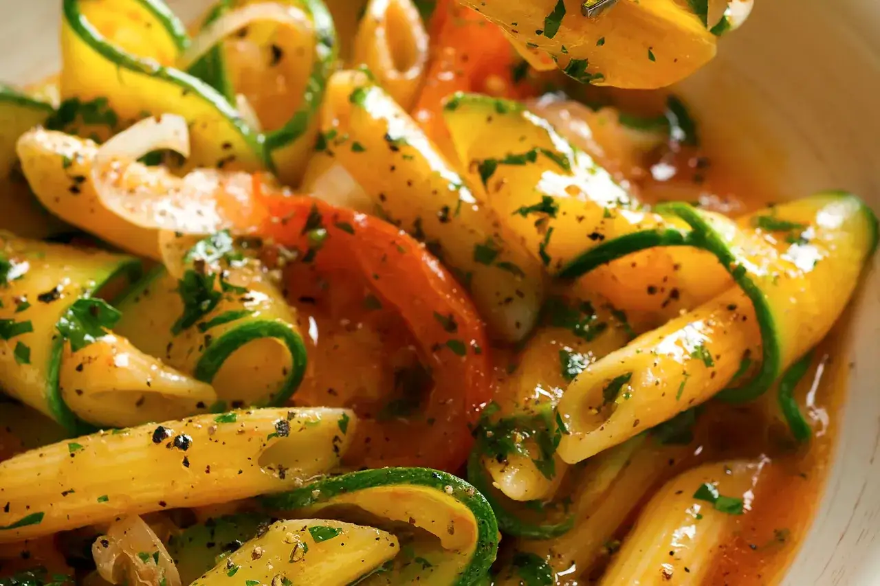 Penne z cukinią w sosie pomidorowym, posypane ziołami. Pyszne i zdrowe danie, idealne na lekki obiad.