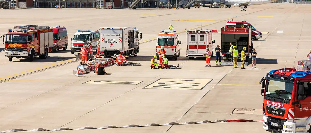 Einsatzkräfte der Berufsfeuerwehr und des Roten Kreuzes üben am Flughafen. Mehrere Einsatzfahrzeuge, darunter ein Löschzug, stehen bereit.