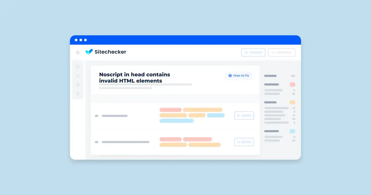 Błąd w Sitechecker: `noscript` w sekcji `head` zawiera nieprawidłowe elementy `html`.
