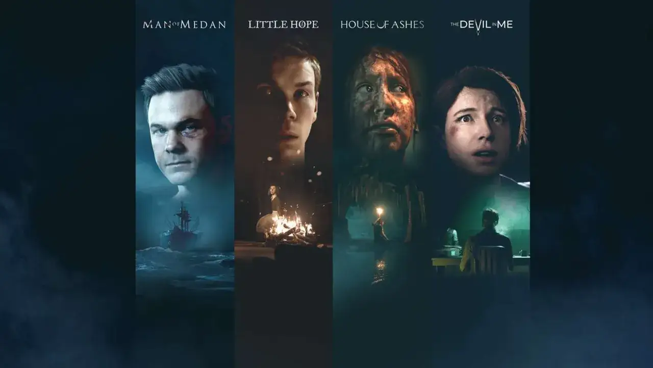 Kolaż okładek gier: Man of Medan, Little Hope, House of Ashes, The Devil in Me. Gry podobne do Until Dawn, pełne grozy i wyborów.