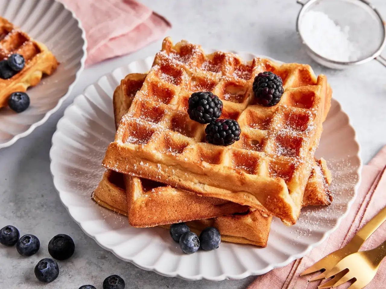 Gestapelte belgische Waffeln, best&auml;ubt mit Puderzucker und garniert mit frischen Brombeeren und Blaubeeren. Ein Genuss f&uuml;r jeden Morgen!