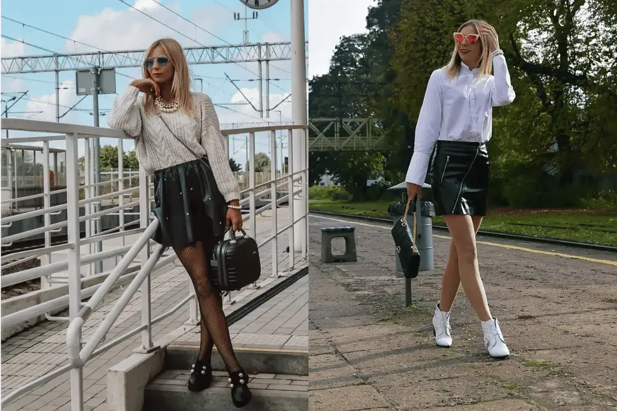 Stylizacje skórzana spódnica mini z różnymi butami