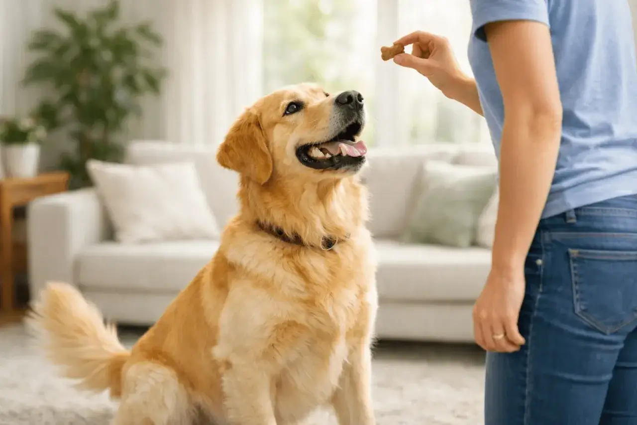 Ein Golden Retriever wartet gespannt auf ein Leckerli. Dies ist ein Beispiel für hundeerziehung ohne stress, die das Vertrauen stärkt.