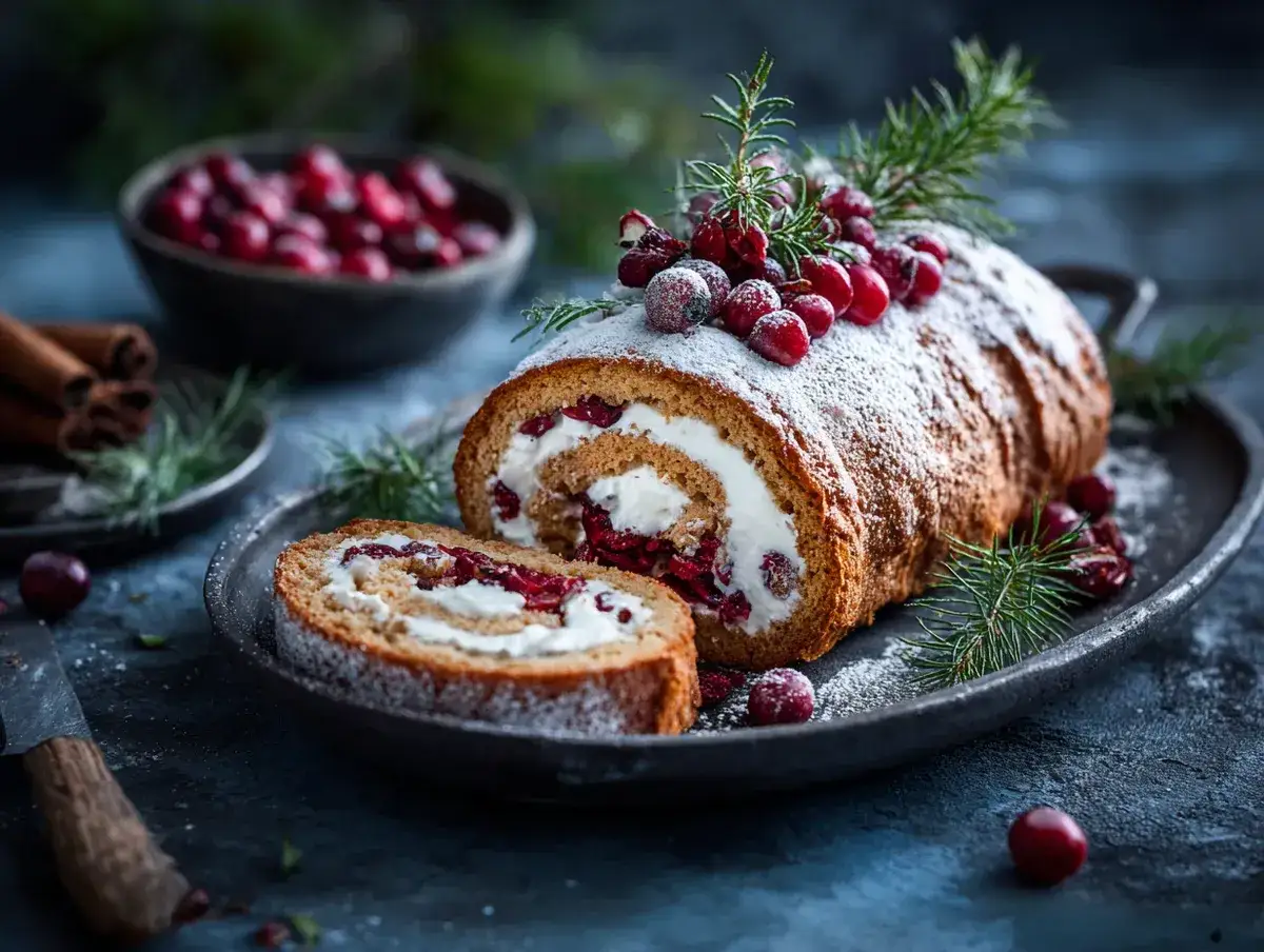 En härlig rulltårta med grädde och lingon, perfekt för ett juligt rulltårta recept. Garnerad med färska lingon och rosmarin.