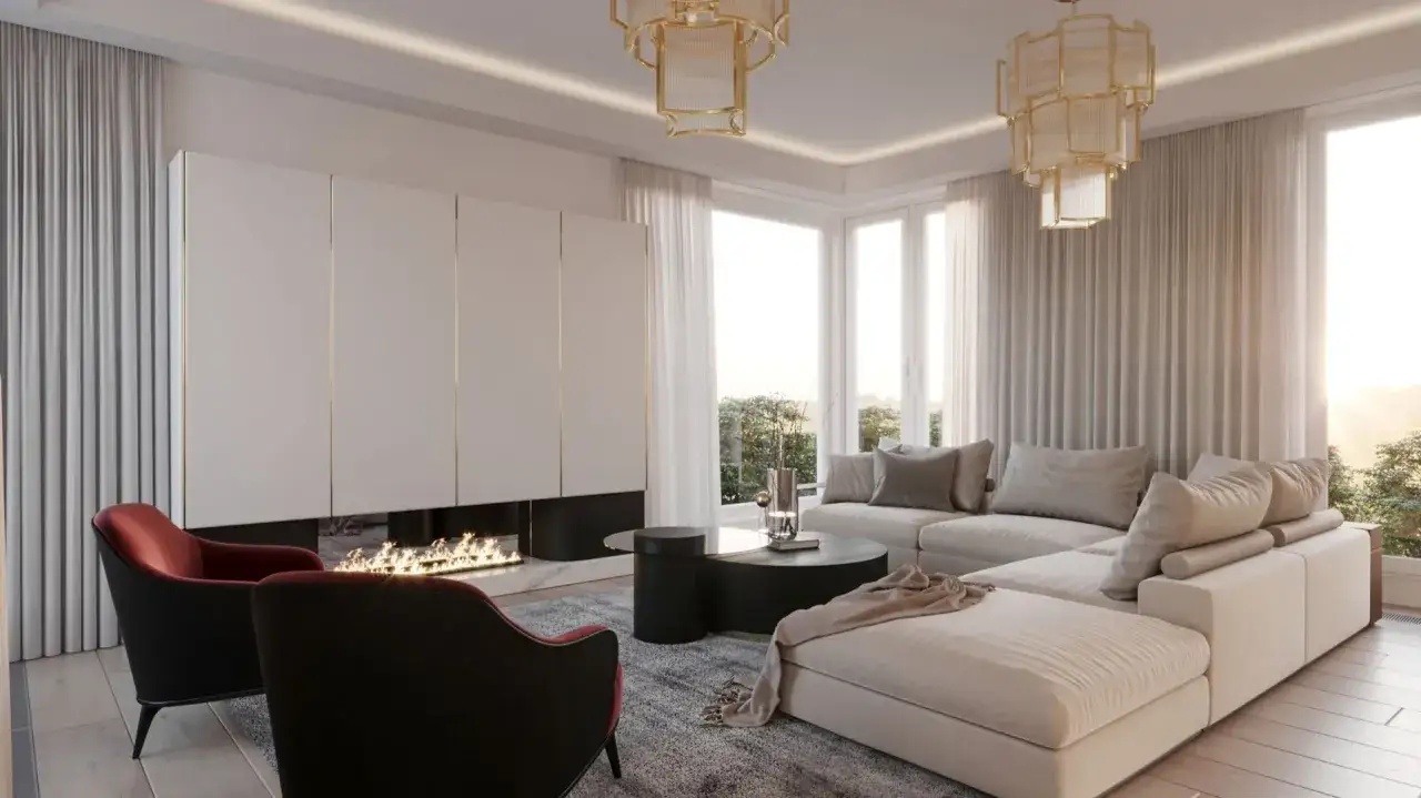 Elegancki salon w stylu glamour z kominkiem, wygodną kanapą i dwoma fotelami.