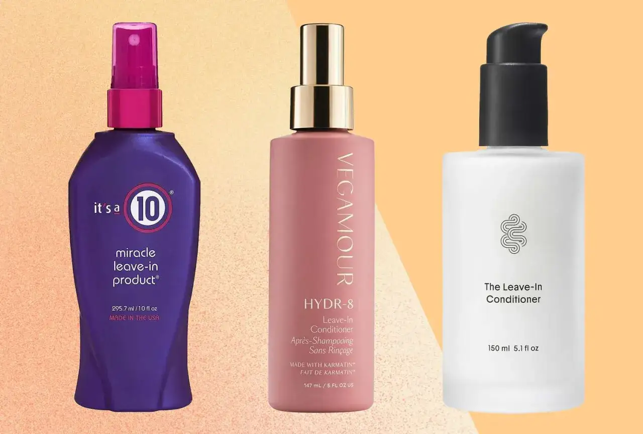 Tre leave-in conditioners för torrt hår: en lila sprayflaska, en rosa flaska och en vit pumpflaska.