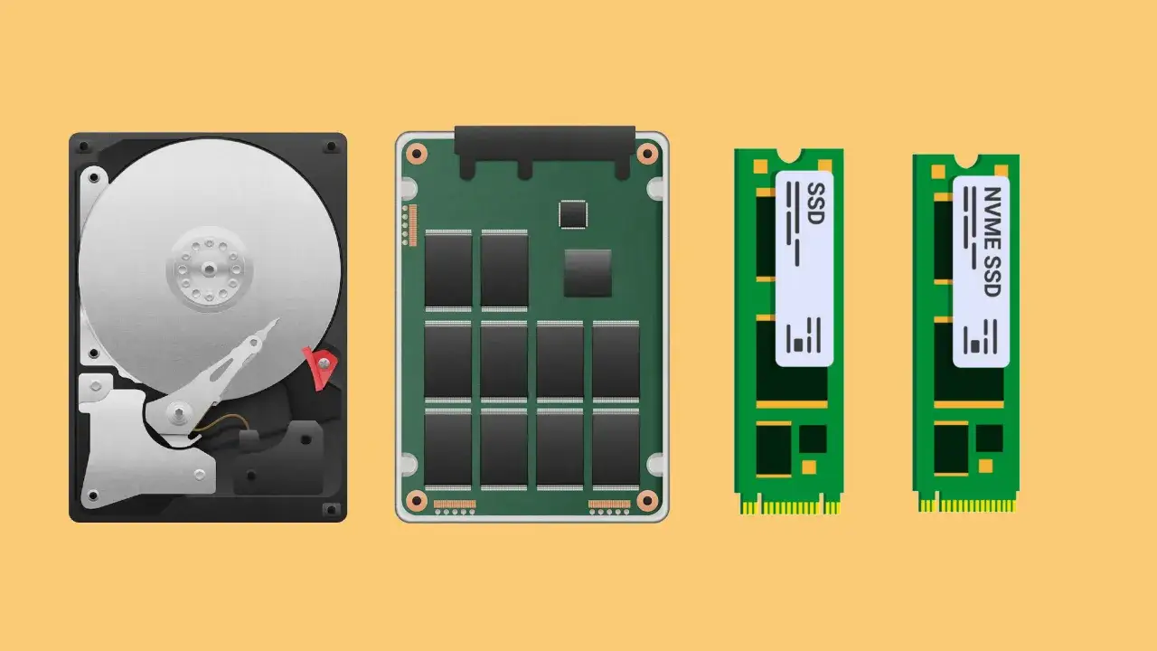 Comparativa de tipos de disco duro: HDD, SSD y NVMe SSD.