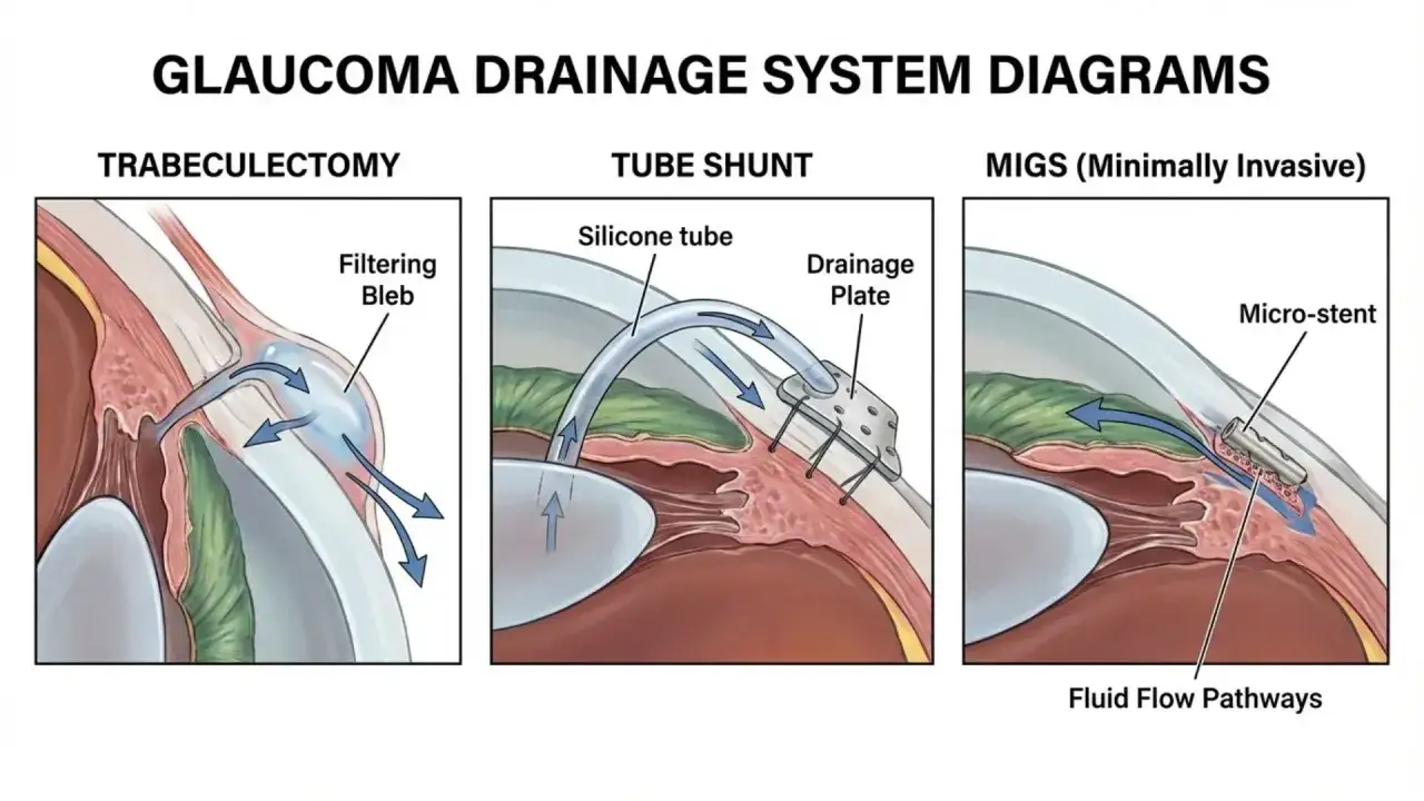 Diagrammi di sistemi di drenaggio per il glaucoma: trabeculectomia con bleb filtrante, shunt con tubo in silicone e MIGS con micro-stent.