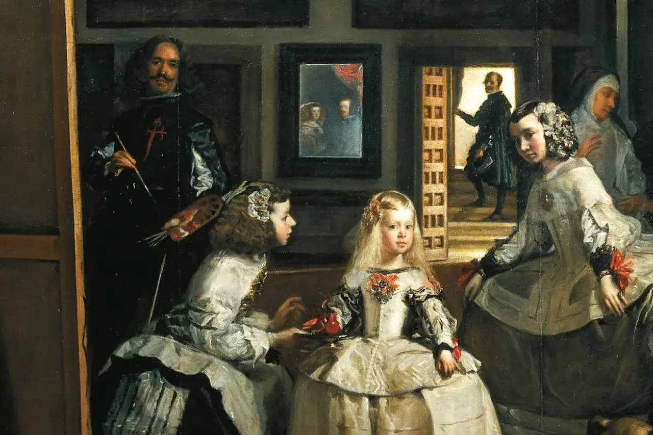 Las Meninas: malarz maluje infantkę Małgorzatę Teresę z dw&oacute;rkami. W lustrze odbijają się kr&oacute;lewscy rodzice.