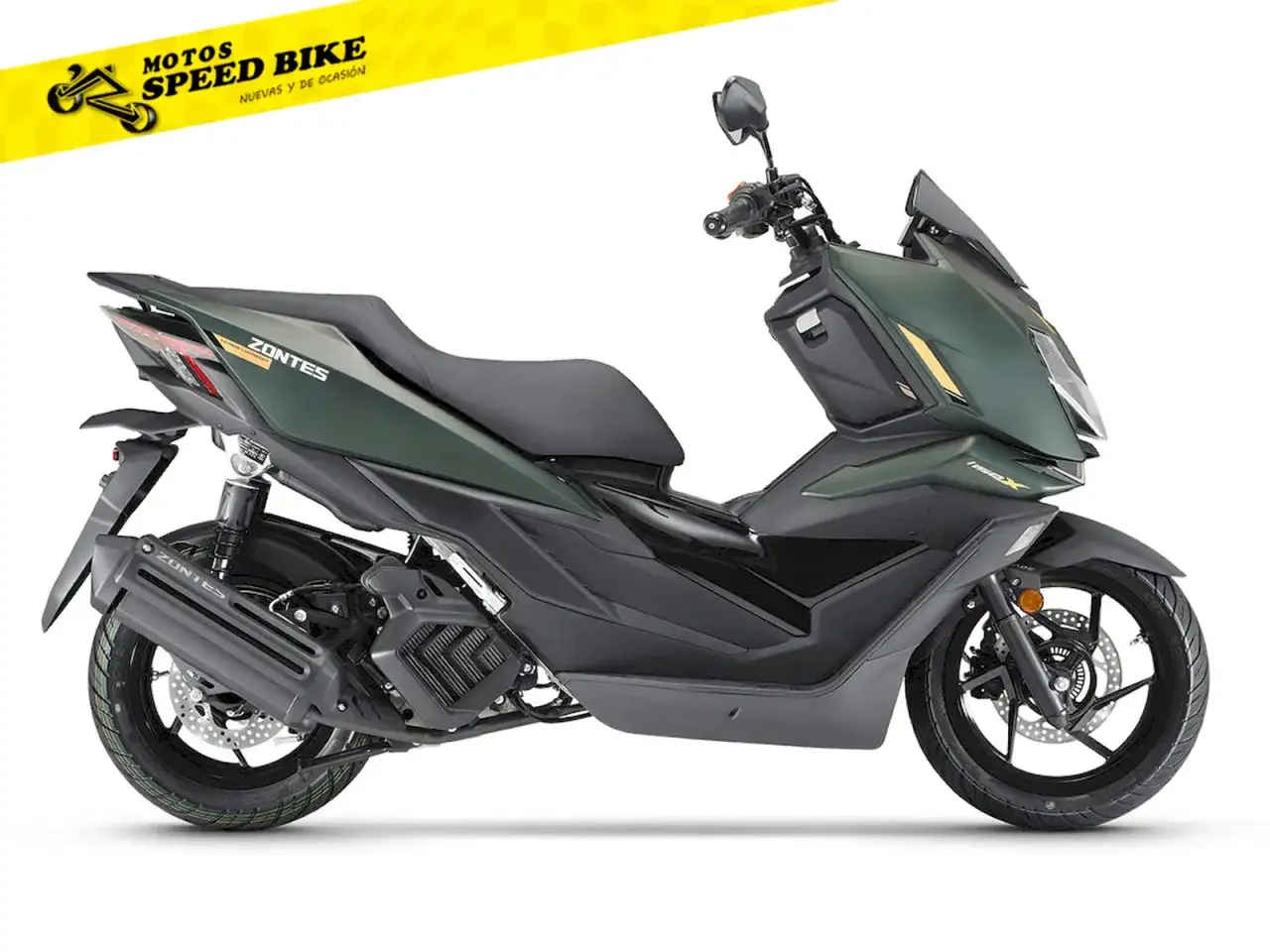 Scooter Zontes verde oscuro. ¿Hasta qué cilindrada se puede conducir con el A1? Descúbrelo en Motos Speed Bike.