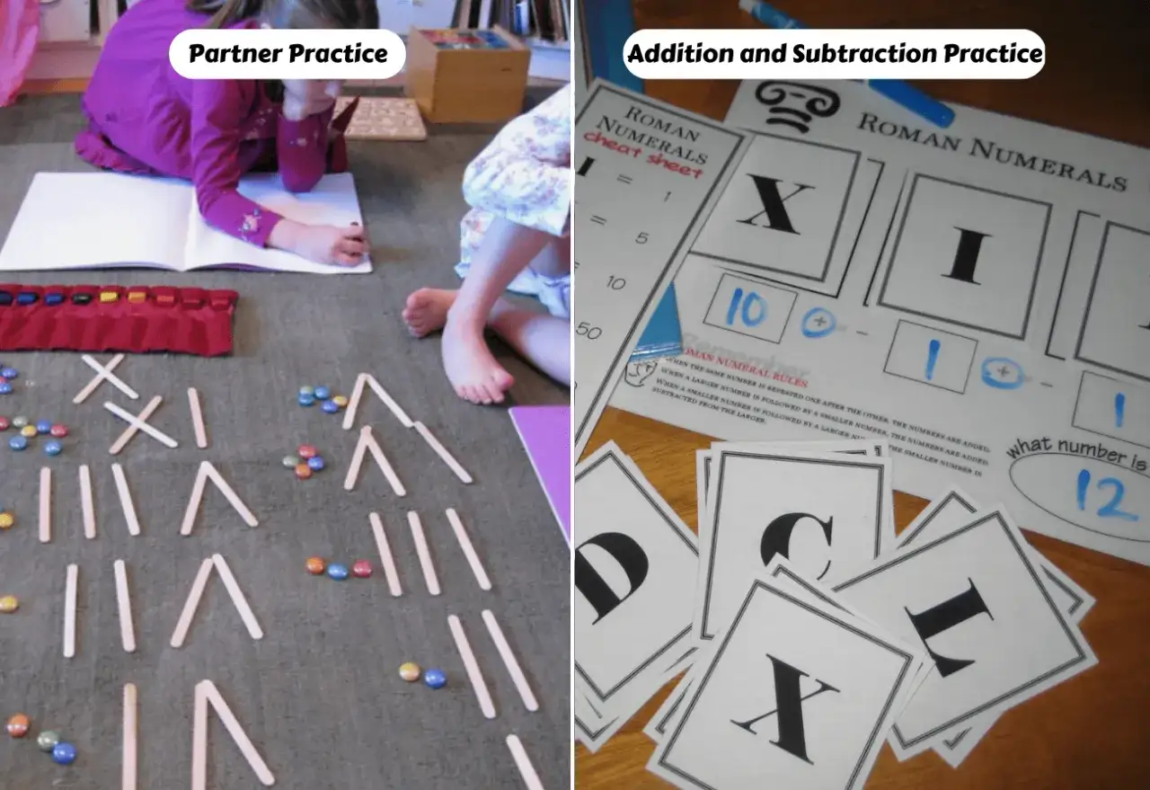 Niños aprenden números romanos con fichas y hojas de práctica.