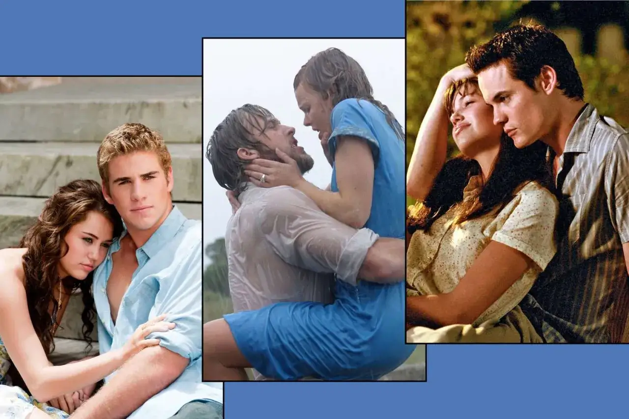 Trzy pary zakochanych, w tym Ryan Gosling i Rachel McAdams w deszczu. Miłość trwa, wciąż ją kocham.