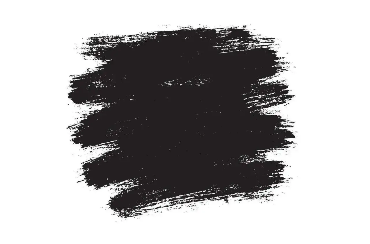 Czarny, gruby pociągnięcie pędzlem z widocznym, chropowatym **efektem malarskim** na białym tle.