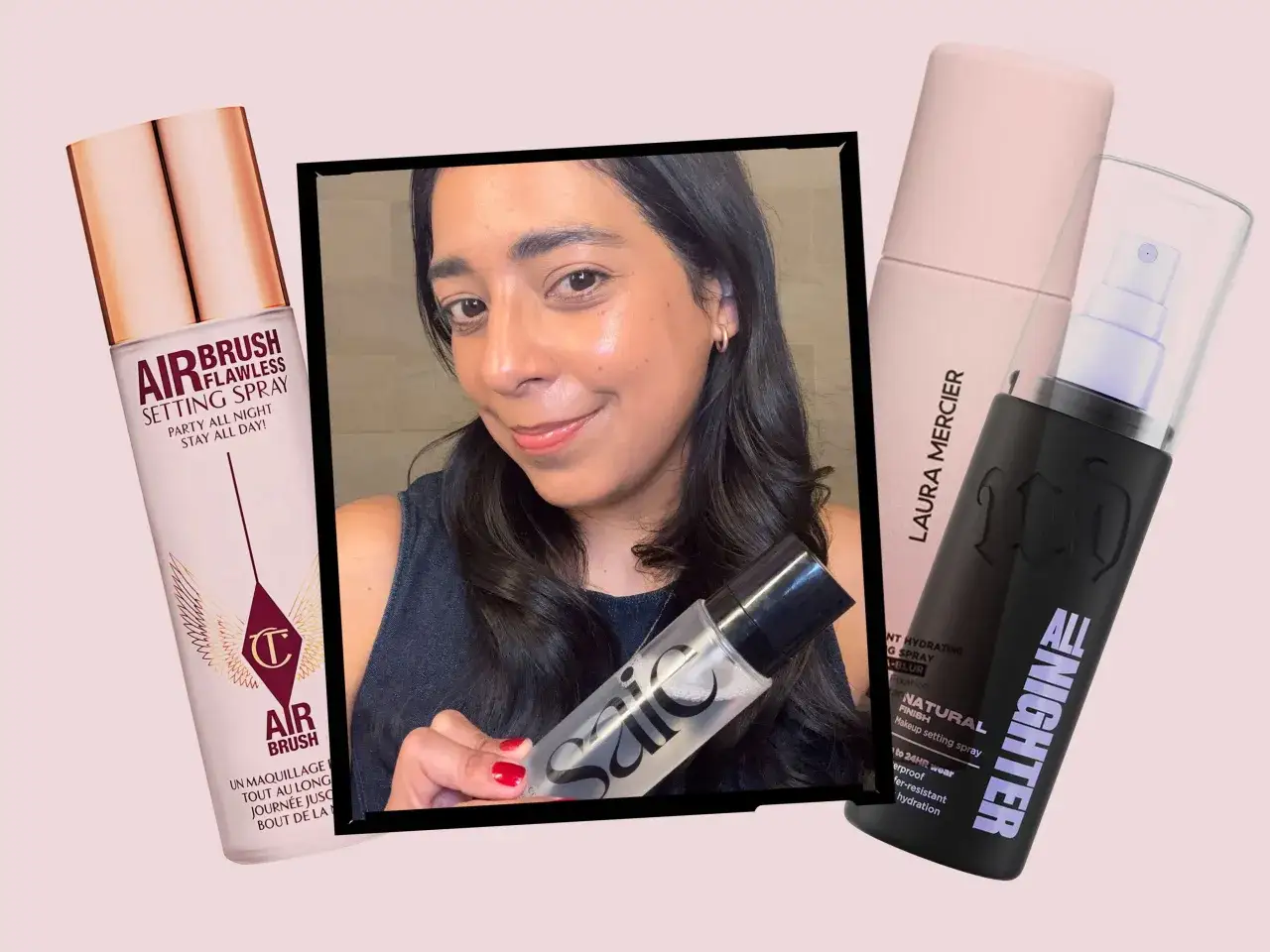 Kobieta prezentuje spraye utrwalające makijaż: Charlotte Tilbury Airbrush, Laura Mercier i Urban Decay All Nighter.