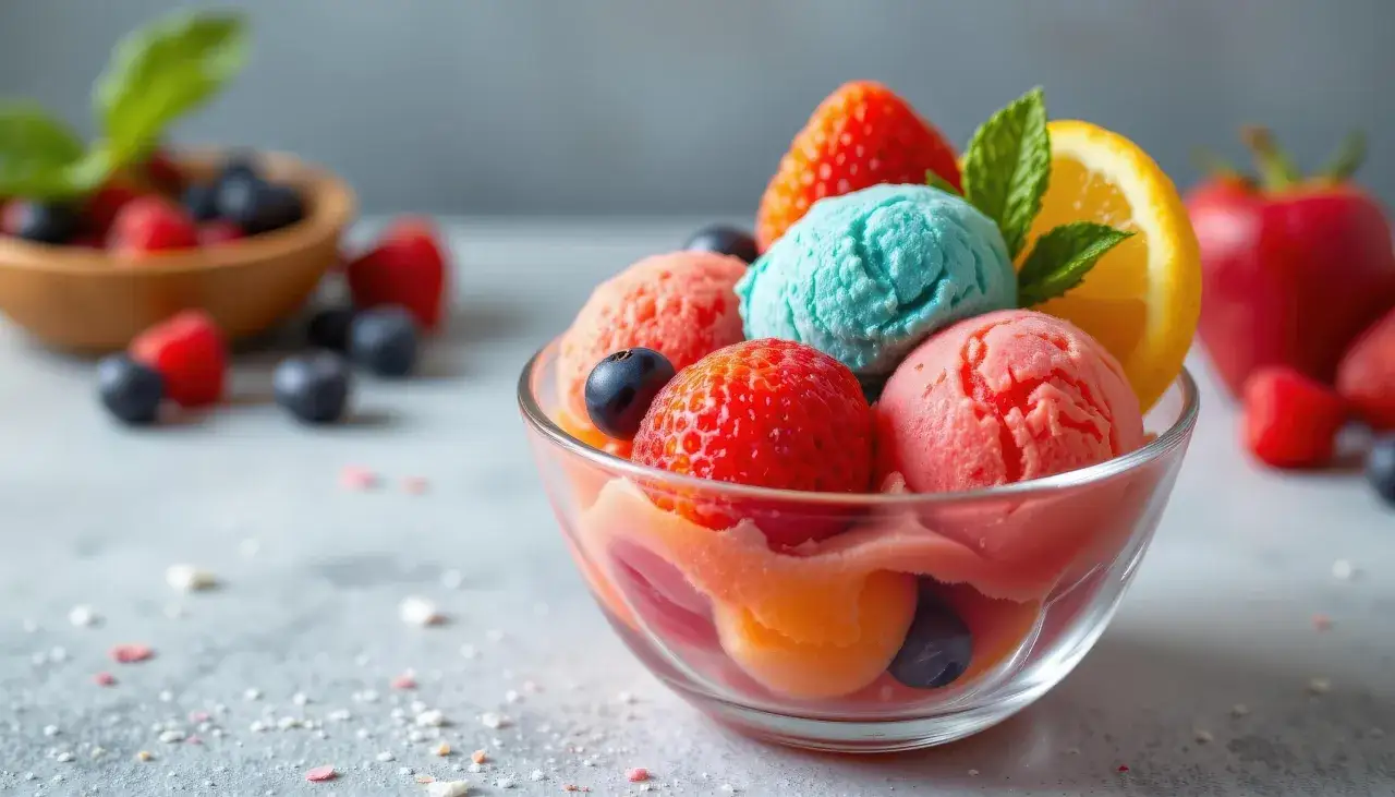 Sch&uuml;ssel mit bunten Kugeln sorbet eis, Erdbeeren, Blaubeeren und einem Zitronenschnitz.