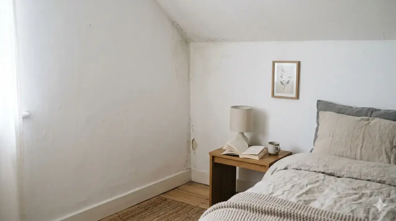 Habitación con moho y manchas de humedad en la pared. Aprende como arreglar una habitación con humedad para un ambiente más saludable.