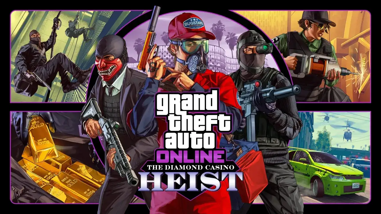 Personajes de GTA Online prepar&aacute;ndose para un atraco, con lingotes de oro y armas. Descubre c&oacute;mo conseguir dinero en GTA 5 con este golpe.