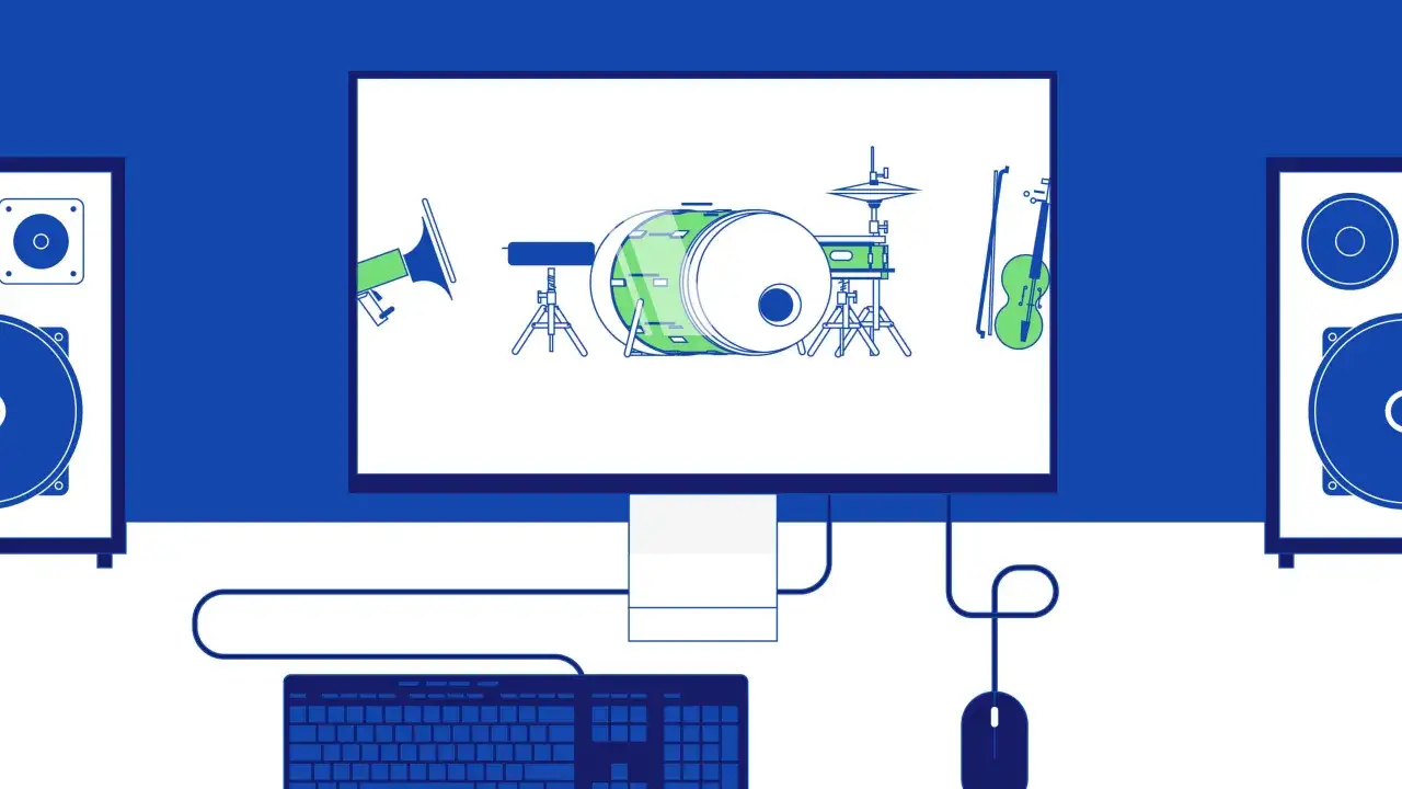 Komputer z głośnikami, klawiaturą i myszką. Na ekranie wirtualna perkusja i skrzypce, jakby szukał darmowego **free drum vst**.