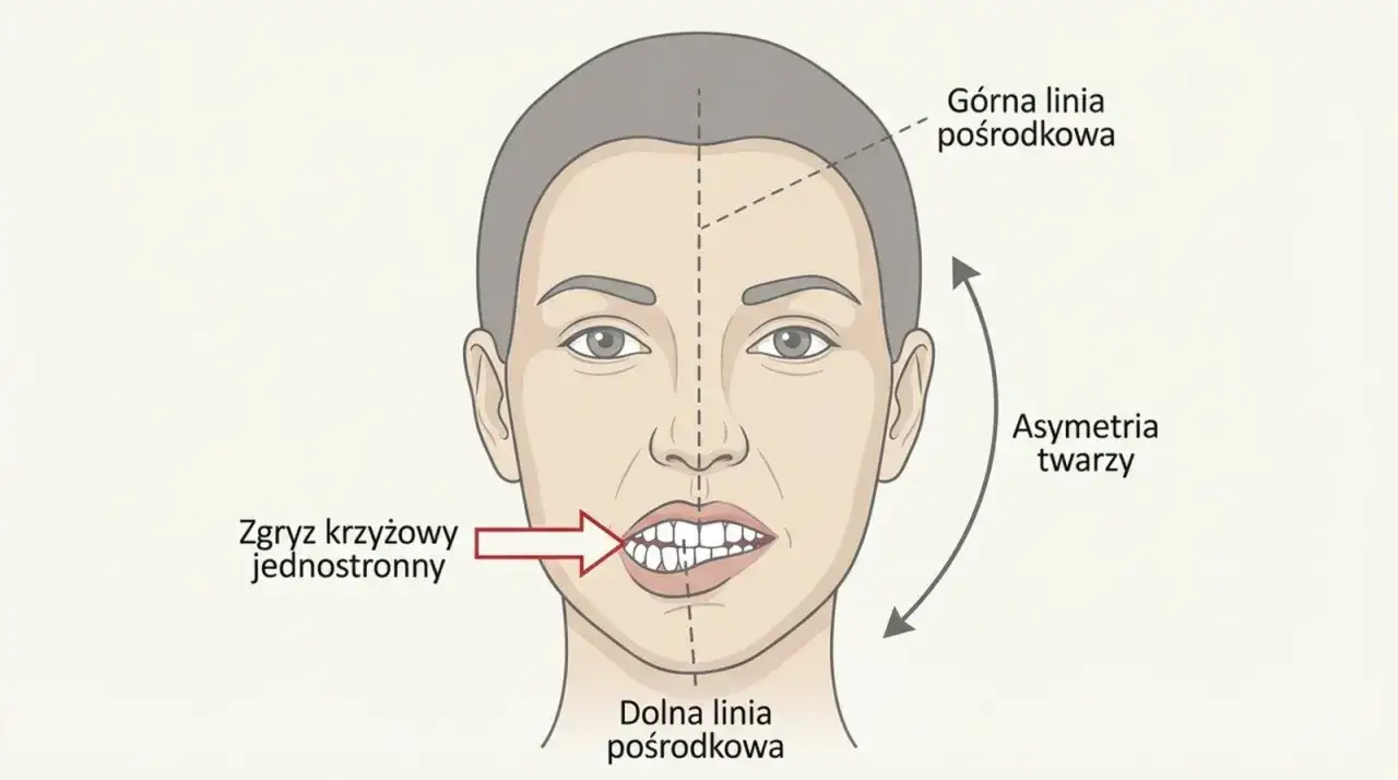 Ilustracja pokazuje asymetrię twarzy, gdzie krzywy zgryz jednostronny wpływa na jej wygląd.