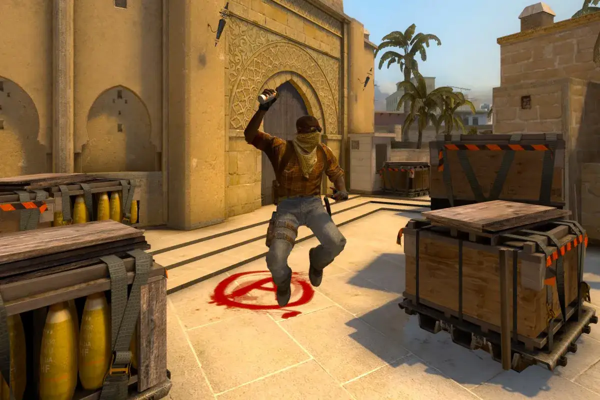 Gracz Counter-Strike skaczący na scrollu