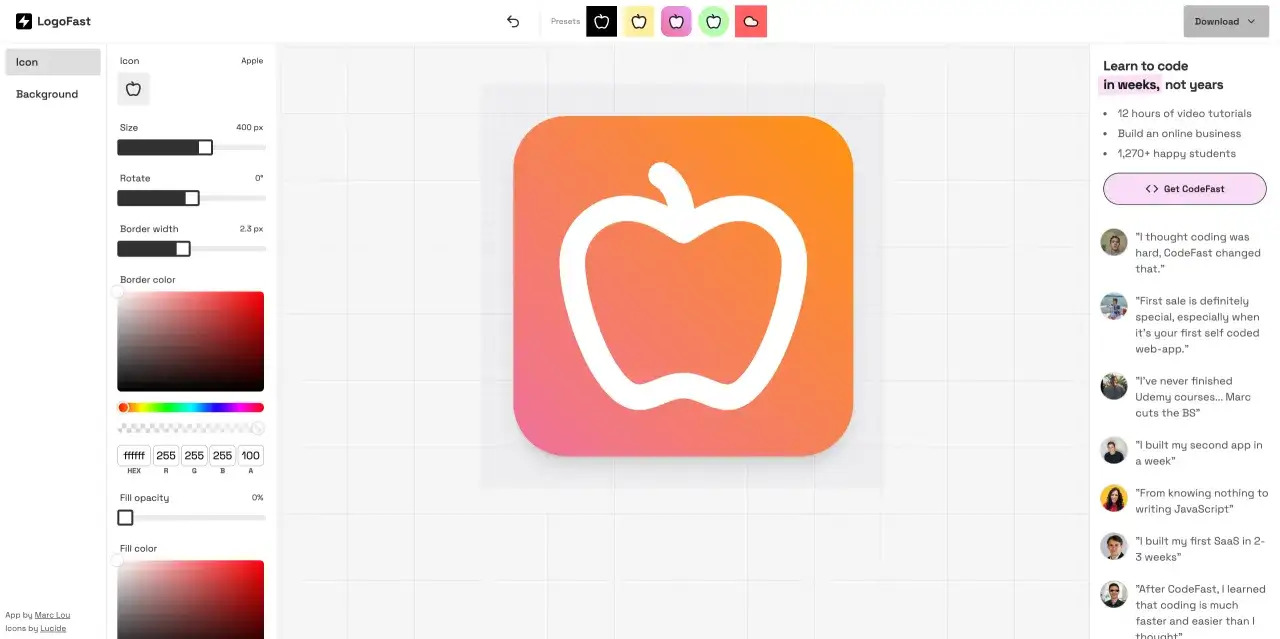 Edytor ikon, gdzie można dostosować favicon rozmiar, kolor i kształt. Widoczna ikona jabłka.
