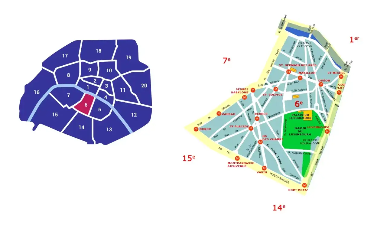 Mapa Paryża z zaznaczonymi dzielnicami. Wyróżniona 6 dzielnica Paryża, znana z Ogrodu Luksemburskiego.