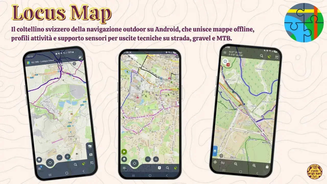 Tre smartphone mostrano l'app Locus Map con mappe dettagliate per la navigazione in tempo reale, ideali per avventure outdoor su strada, gravel e MTB.