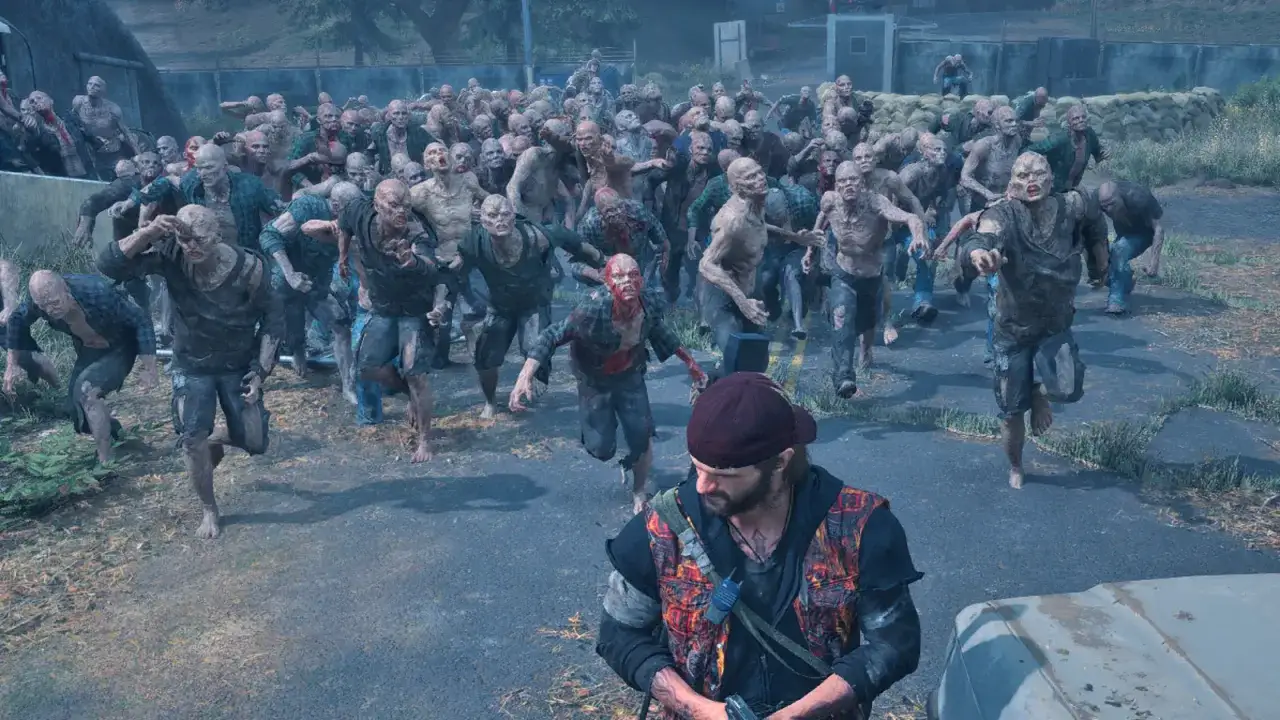 Horda zombie pędzi na gracza w grze Days Gone na Xbox.