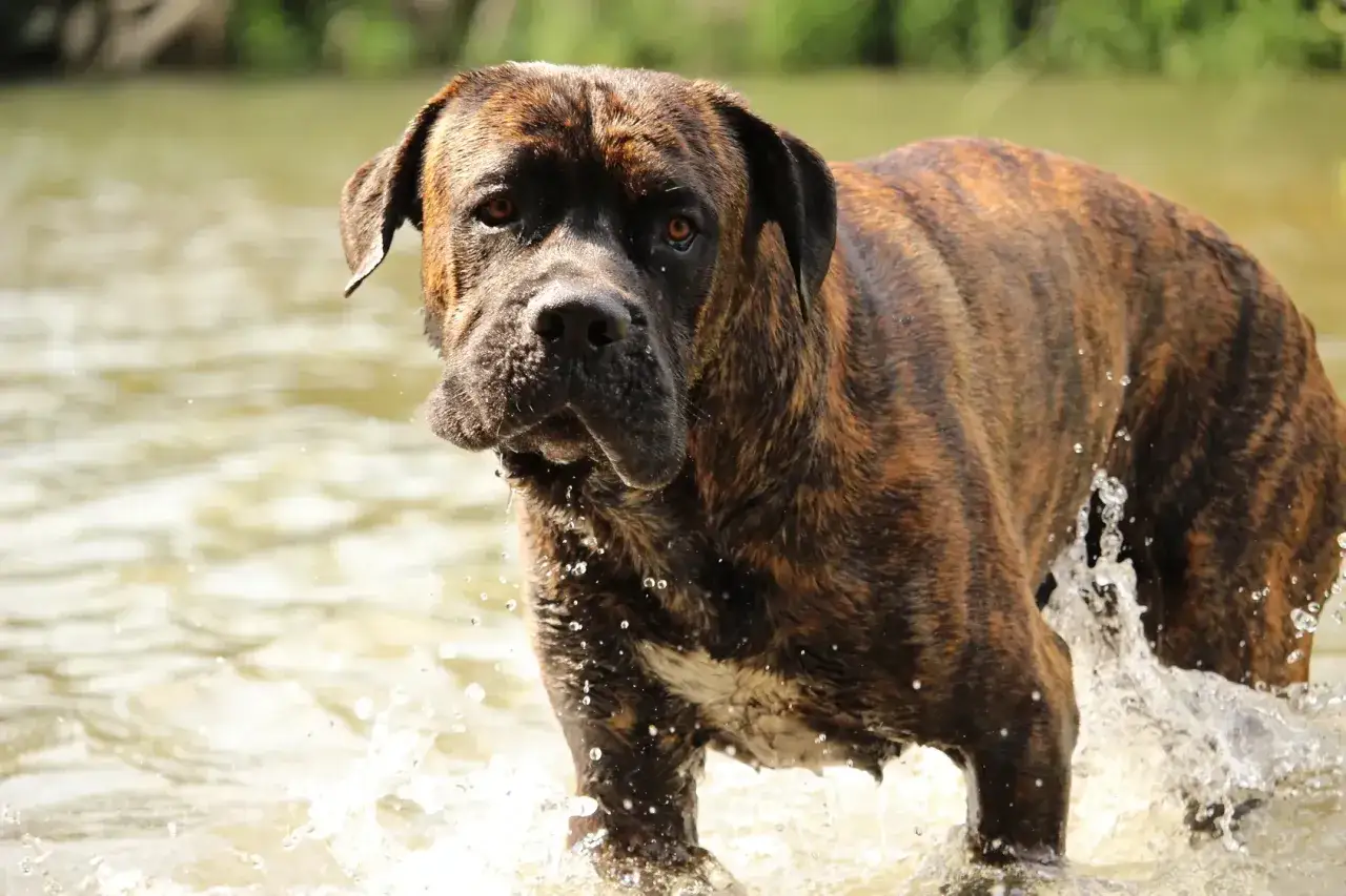 En ståtlig cane corso med brindle-päls plaskar i vattnet, omgiven av stänk.