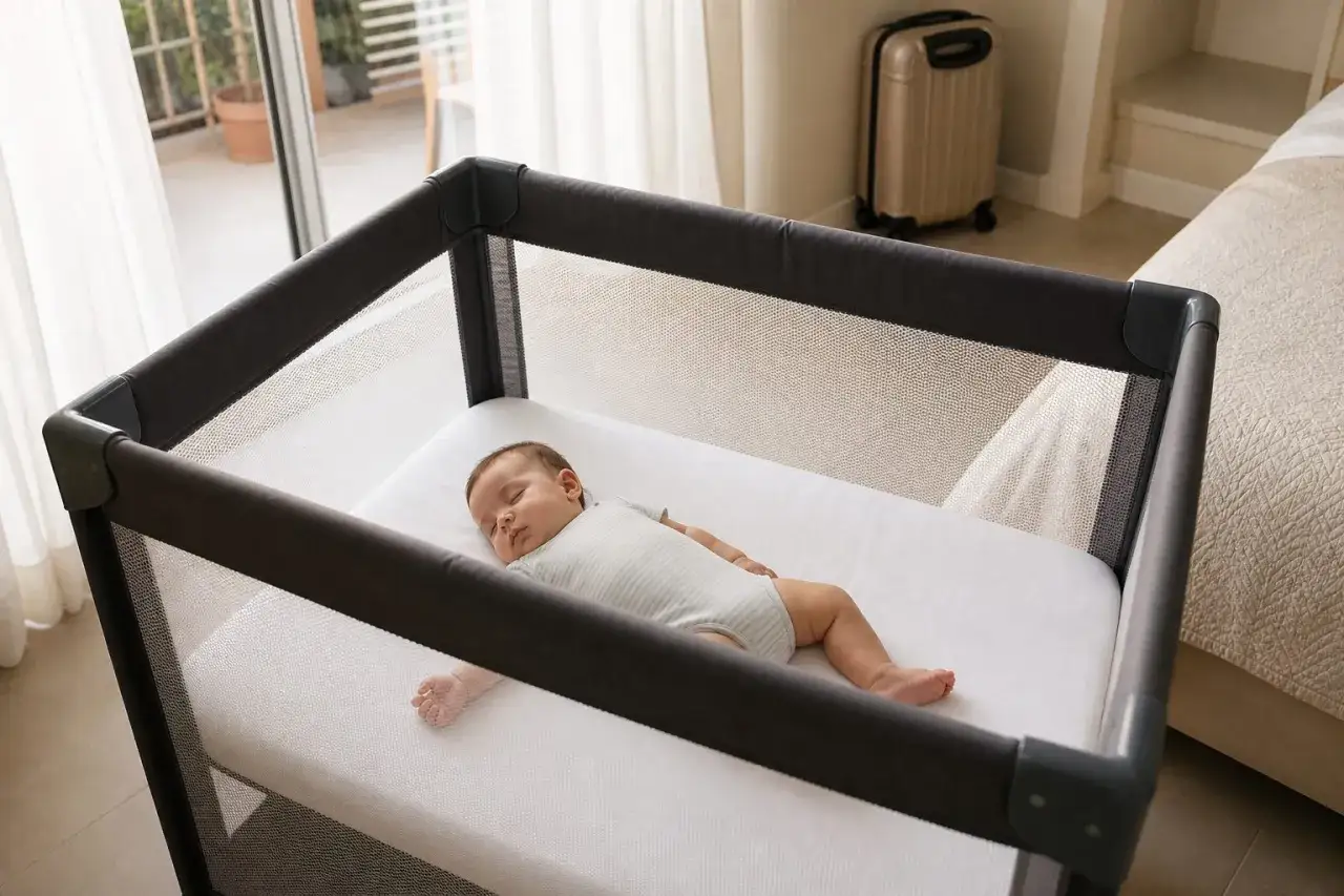 Un beb&eacute; duerme pl&aacute;cidamente en su corralito. La pregunta de a qu&eacute; hora debe dormir un beb&eacute; es clave para su desarrollo.