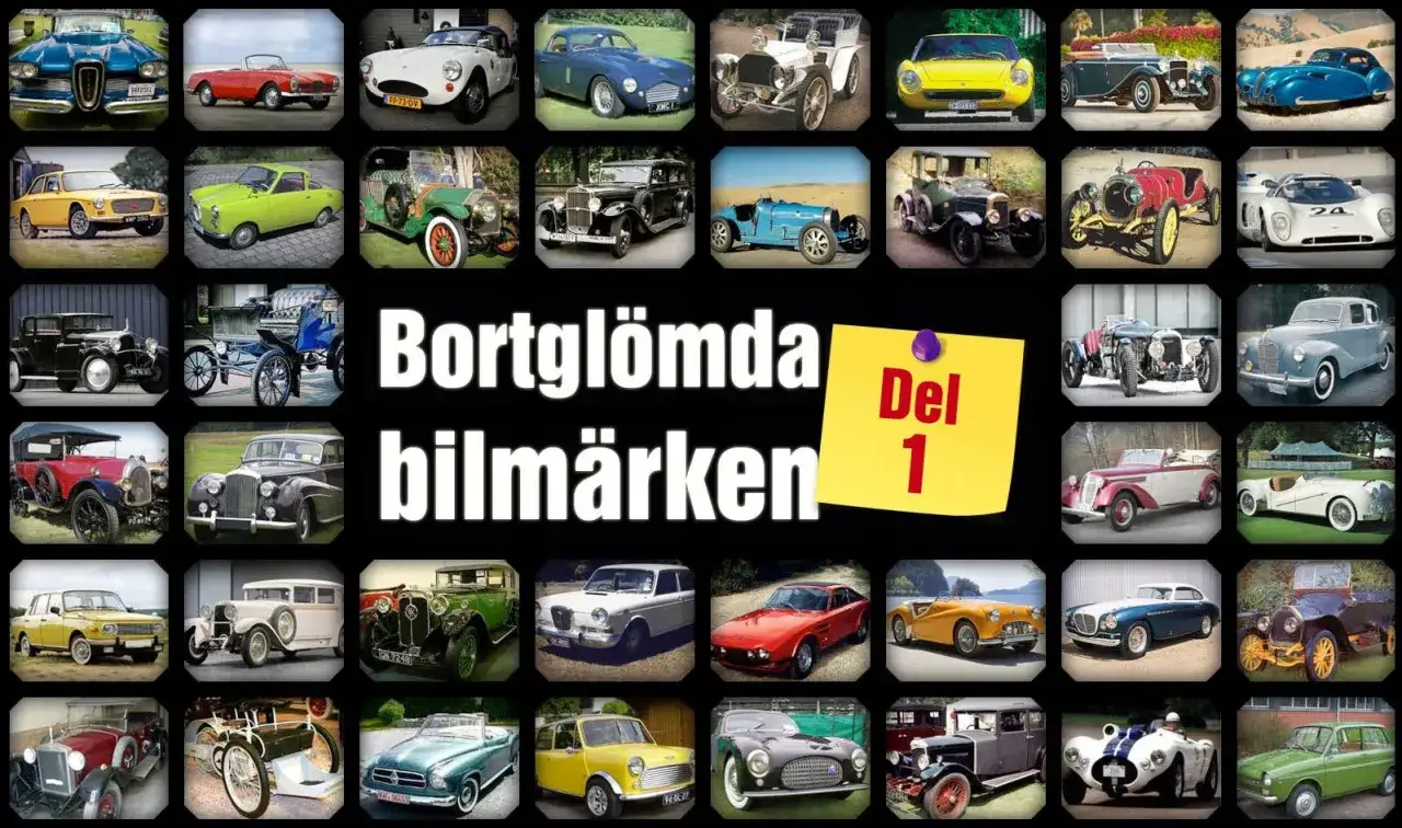 En samling bortglömda bilmärken, från tidiga modeller till sportbilar. Ett nostalgiskt collage av klassiska fordon.