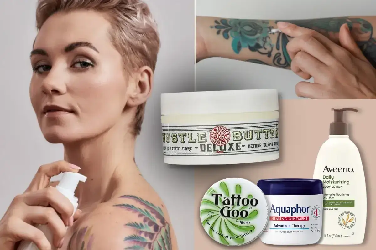 Une femme applique une lotion sur son tatouage. Des produits de soin pour tatouage sont présentés, dont un pot de