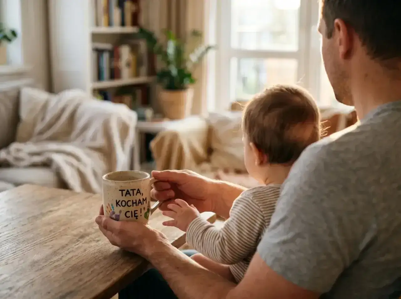 Ojciec z dzieckiem przy kawie, na kubku napis 