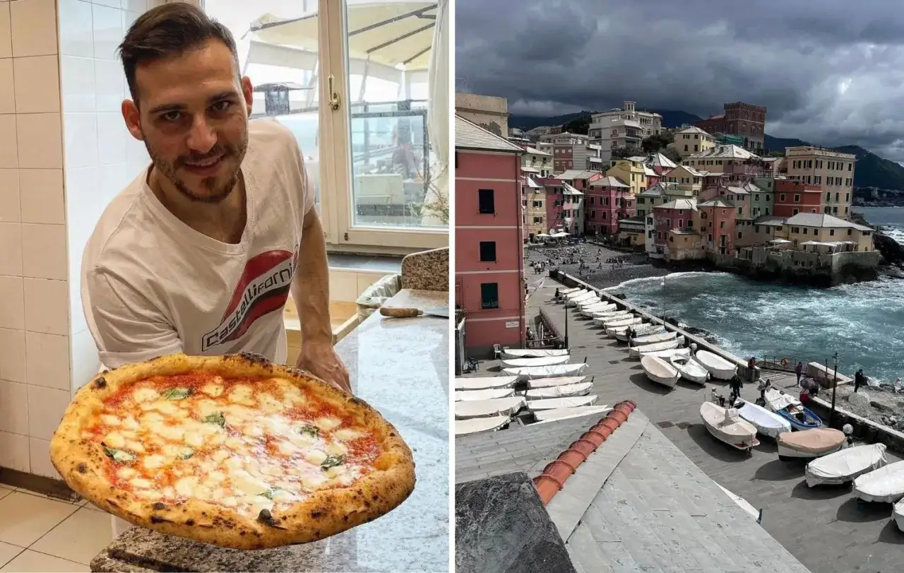 Un pizzaiolo sorridente mostra una pizza margherita perfetta. Chiss&agrave; quanto guadagna un pizzaiolo al mese con un'arte cos&igrave;! Sullo sfondo, un pittoresco borgo marinaro ligure.