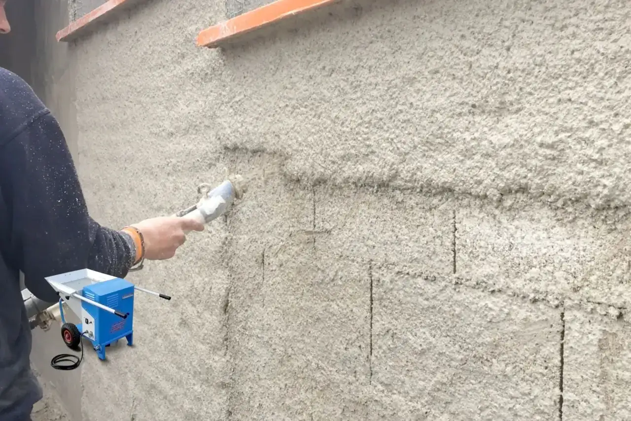 Un ouvrier utilise une machine pour appliquer un enduit projet&eacute; sur un mur ext&eacute;rieur. La texture granuleuse de l'enduit est visible.