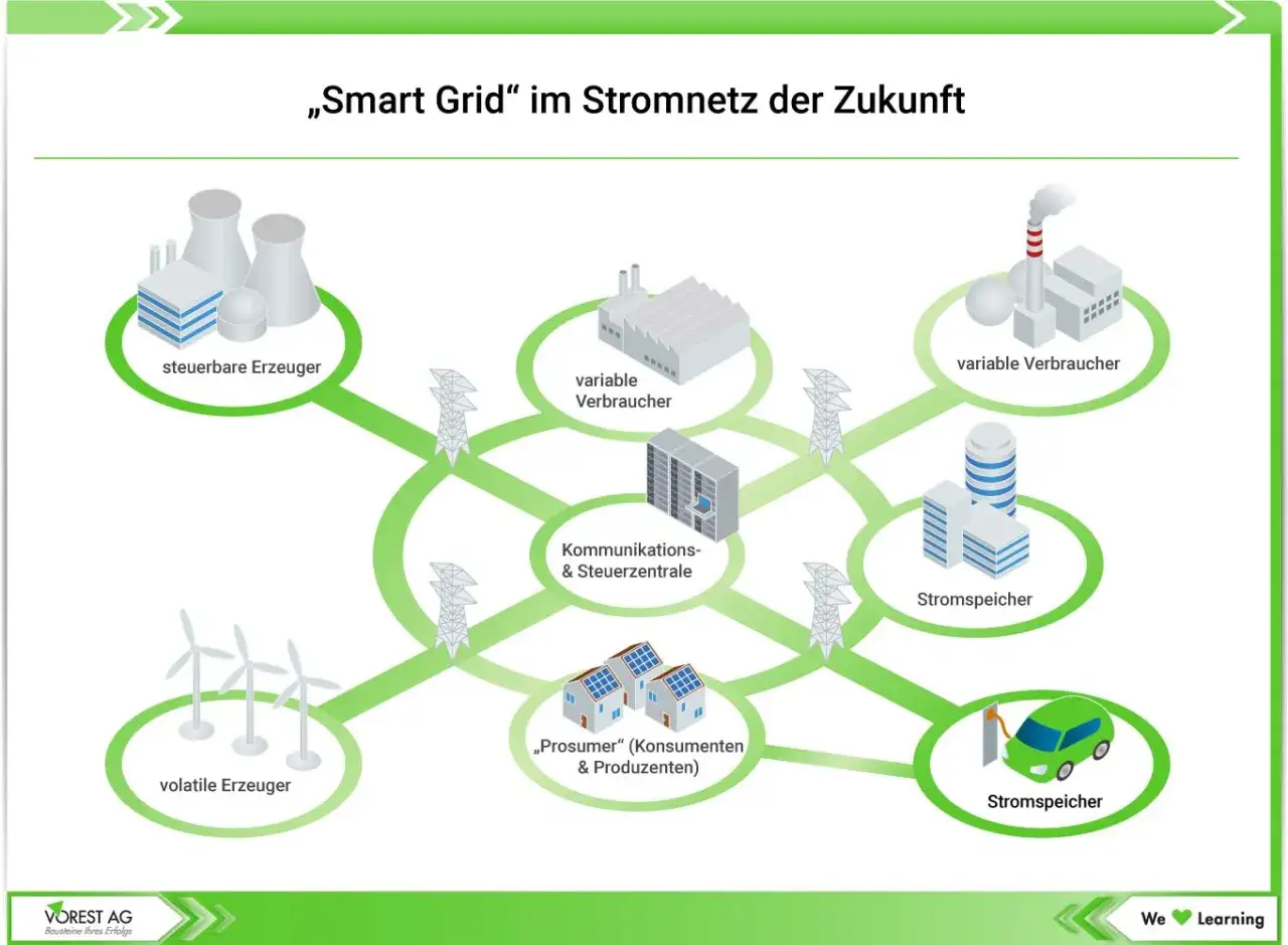 Schema des „Smart Grid“ im Stromnetz der Zukunft: steuerbare und volatile Erzeuger, variable Verbraucher, „Prosumer“, Stromspeicher und eine Kommunikationszentrale.