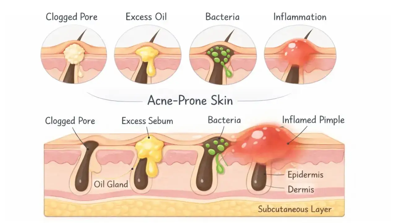 Schemat ukazuje powstawanie trądziku: zatkany por, nadmiar sebum, bakterie Cutibacterium acnes i stan zapalny prowadzący do pryszcza.