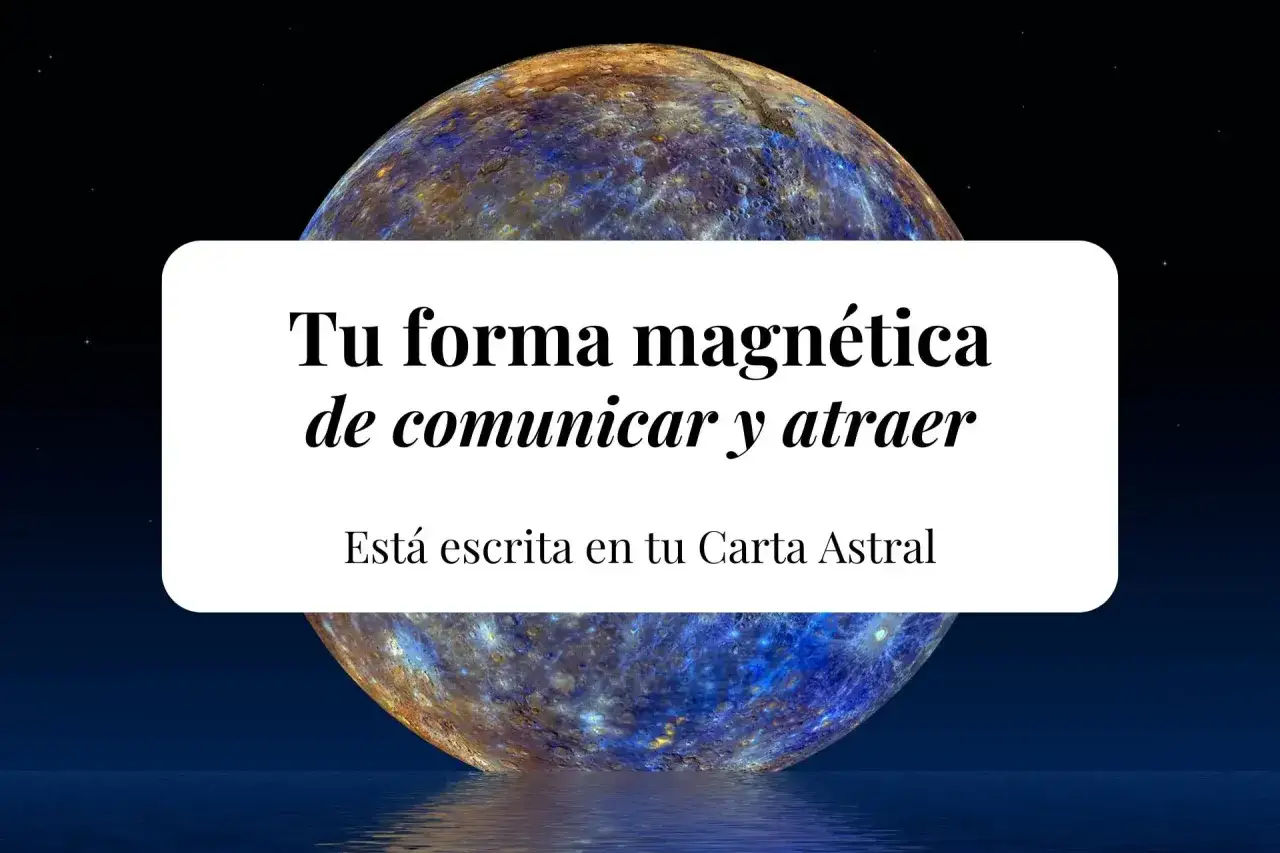 El planeta Mercurio, con su superficie texturizada y colores vibrantes, se refleja en el agua. El texto 