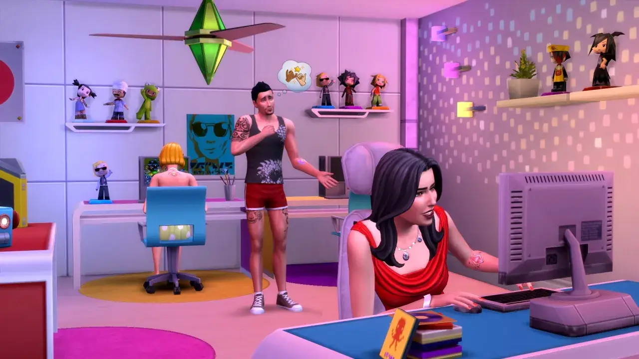 Sims 5: Dos Sims interact&uacute;an en una habitaci&oacute;n colorida, uno en un ordenador y otro de pie.