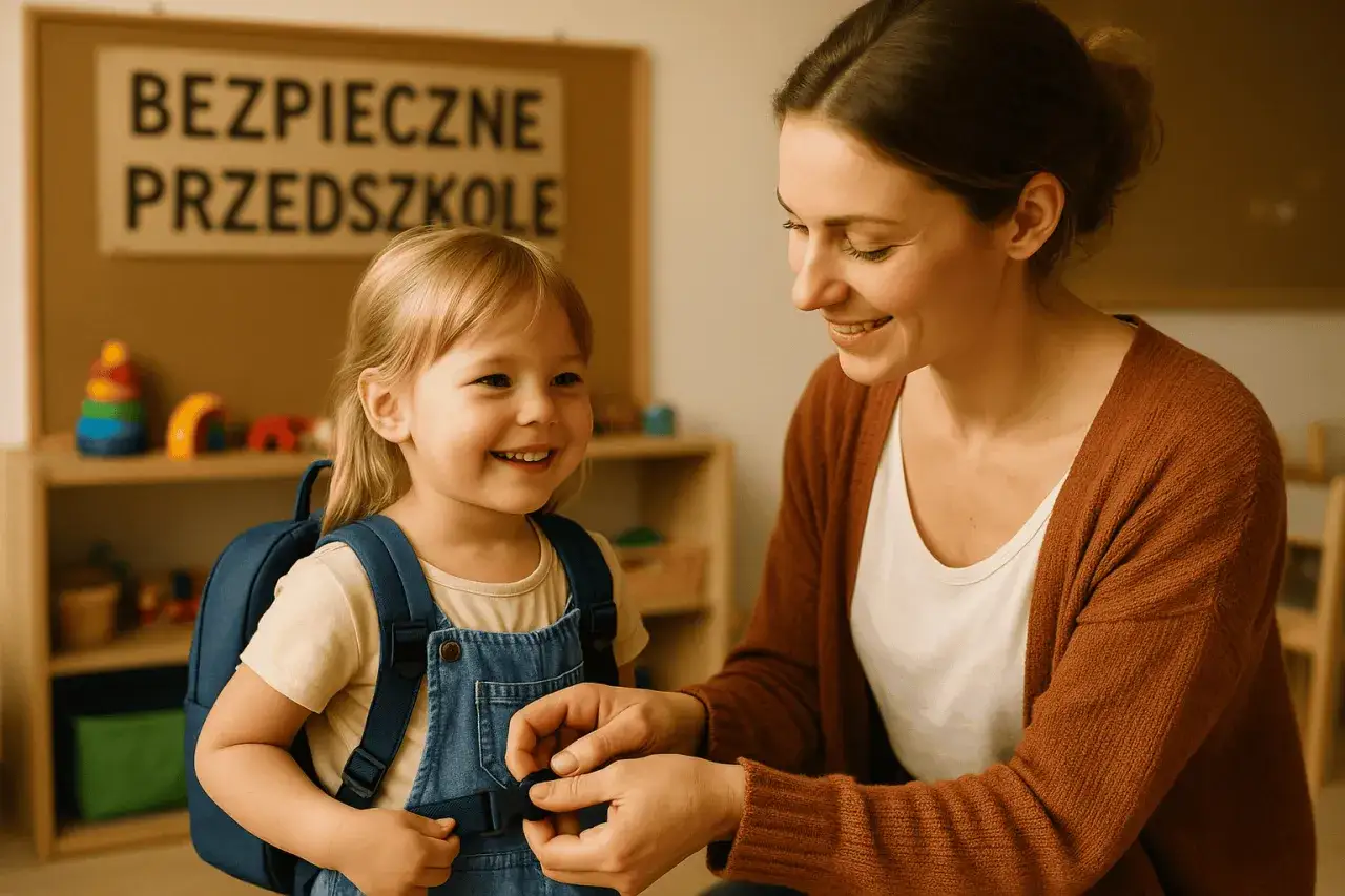 Uśmiechnięta pani pomaga dziewczynce z plecakiem. W tle tablica